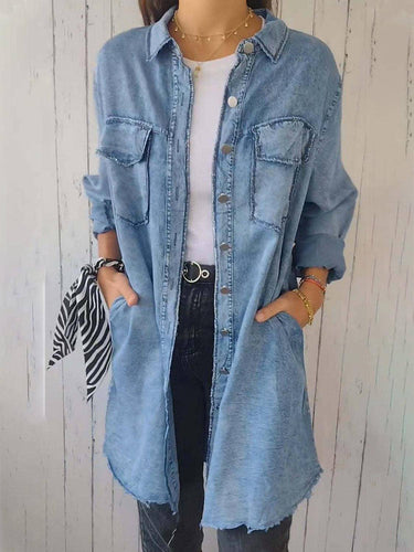 Denim Tops Blouses – Blouses | Full Raw Hem Button Up Long Sleeve Top - Modestly Vogue